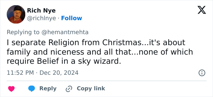 Tweet discussing religion's separation from Christmas, emphasizing family values, relevant to Christian and atheist billboard debate. Tweet discussing religion's separation from Christmas, emphasizing family values, relevant to Christian and atheist billboard debate.