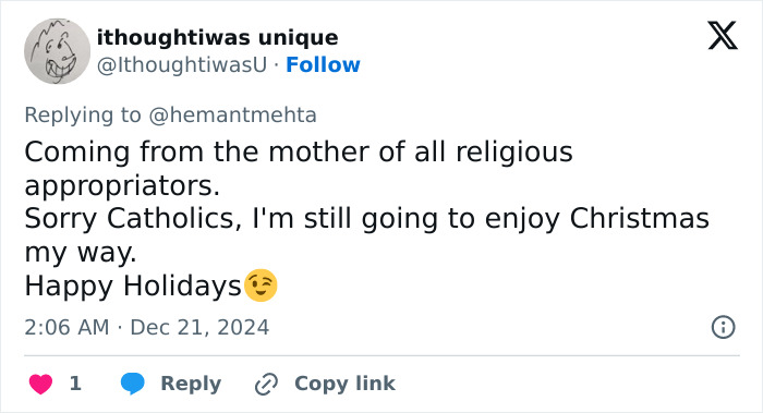 Tweet about enjoying Christmas despite religious appropriation, involving Christian and atheist group discussions. Tweet about enjoying Christmas despite religious appropriation, involving Christian and atheist group discussions.