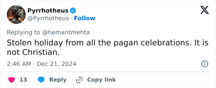 Twitter post discussing holiday origins and questioning Christian traditions. Twitter post discussing holiday origins and questioning Christian traditions.