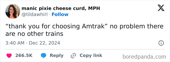 Funny tweet about Amtrak pointing out the lack of train options, gaining popularity online.