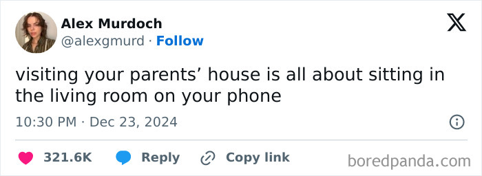 Funny tweet about visiting parents and using a phone in the living room, by Alex Murdoch on Bored Panda.