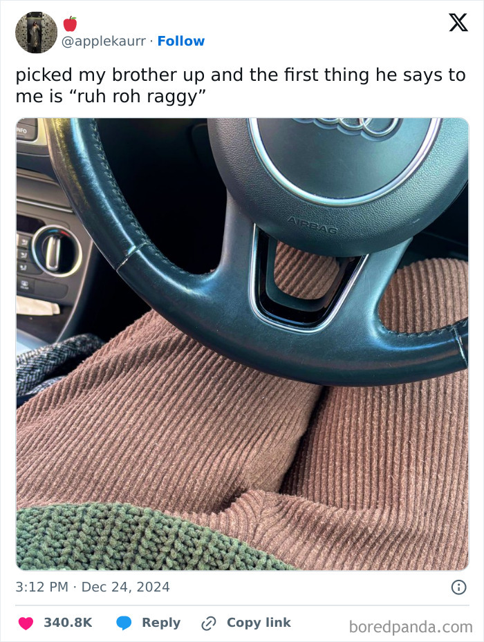 Car interior with a tweet about a funny moment, featuring the steering wheel and cozy outfit, highlighting funniest tweets.
