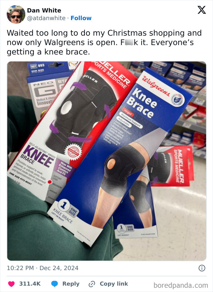 Knee braces held in a store, humorously chosen as a last-minute Christmas gift.