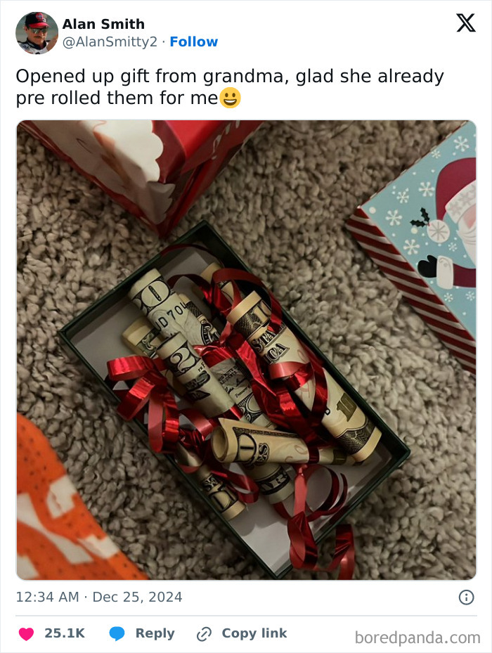 Box of rolled dollar bills with red ribbons and holiday wrapping, showcasing one of the funniest tweets of the month.