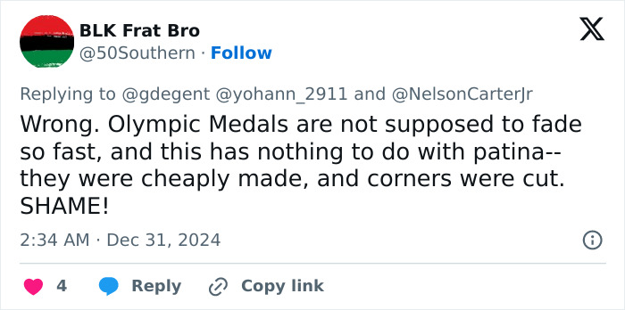 Tweet criticizing French Paris 2024 Olympians' rusted bronze medals for poor craftsmanship and rapid fading.