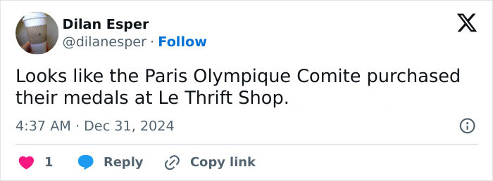 Tweet humorously commenting on Paris 2024 Olympians and rusted bronze medals.