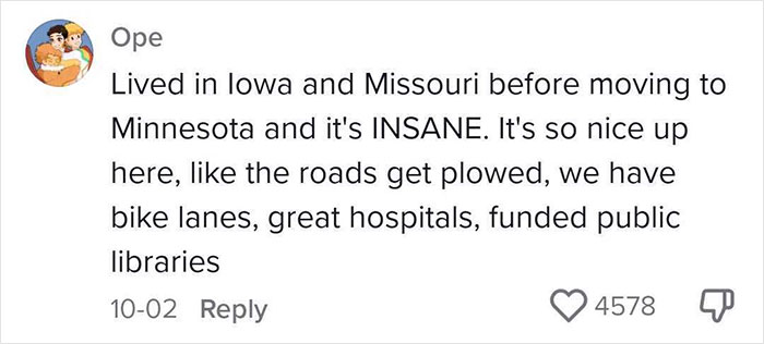 Comment about moving to a blue state highlights benefits like plowed roads, bike lanes, and public services.