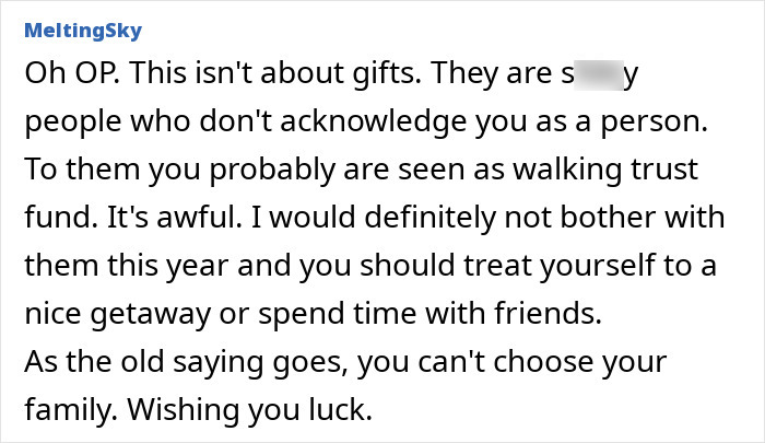 Text exchange showing advice about family dynamics and gift-giving.