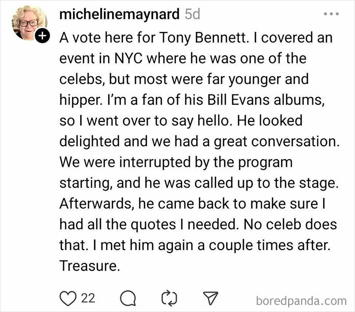 Testimonial of a pleasant encounter with a Hollywood celebrity, highlighting a memorable interaction at an NYC event.