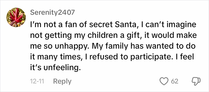 Comment expressing dislike for Secret Santa, emphasizing importance of buying children gifts.
