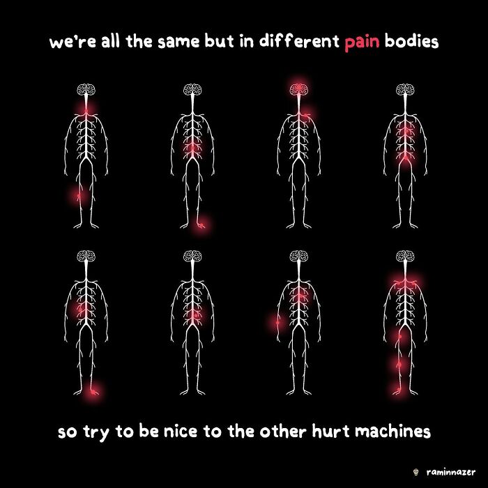 Vibrant illustration by Ramin Nazer showing skeletons highlighting pain points with a message about empathy.