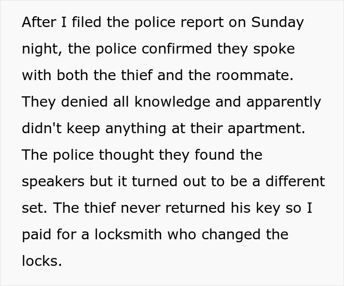 Text describing a police report about a roommate allegedly stealing from an apartment.