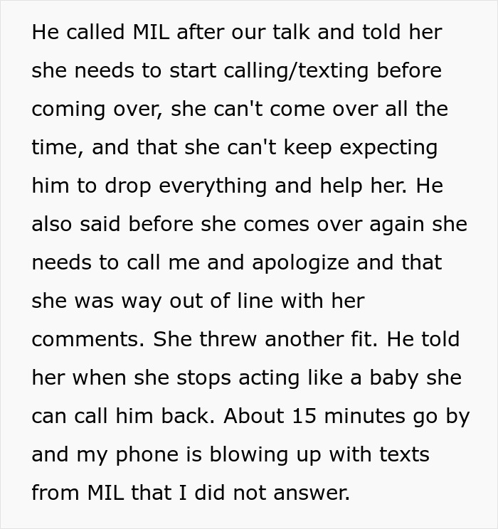 Text discussing MIL visiting unannounced, needing prior notice, and emotional family conversation.