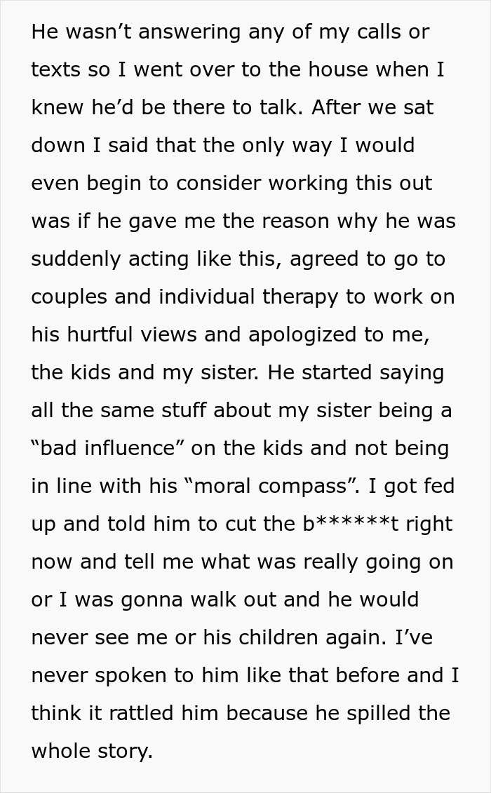 Text discussing husband's views on kids being around gay aunt and the wife's demand for truth.