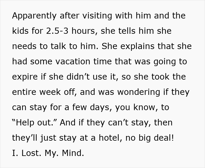 Text about MIL visit discussing extended stay due to unused vacation time. Text about MIL visit discussing extended stay due to unused vacation time.