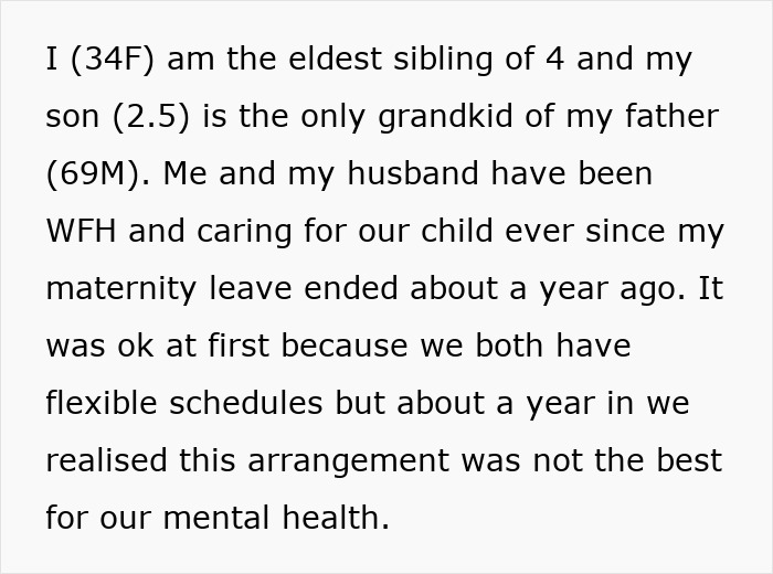 Text expressing frustration about grandparent babysitting and mental health challenges.