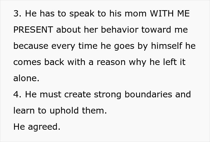 Text outlining conditions for fianc&eacute; to address his mom's behavior regarding bride's wedding dress choice.