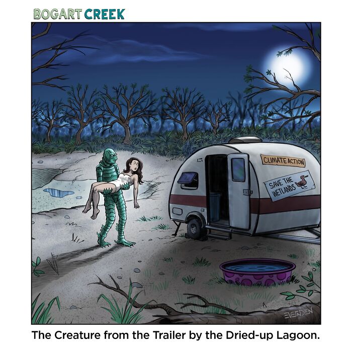 Dark one-panel comic by Derek Evernden with a creature carrying a woman near a trailer under a moonlit sky.