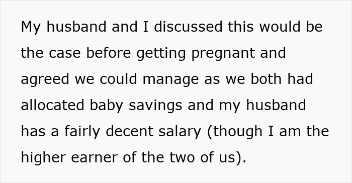 Text discussing financial planning for maternity leave between a husband and wife.