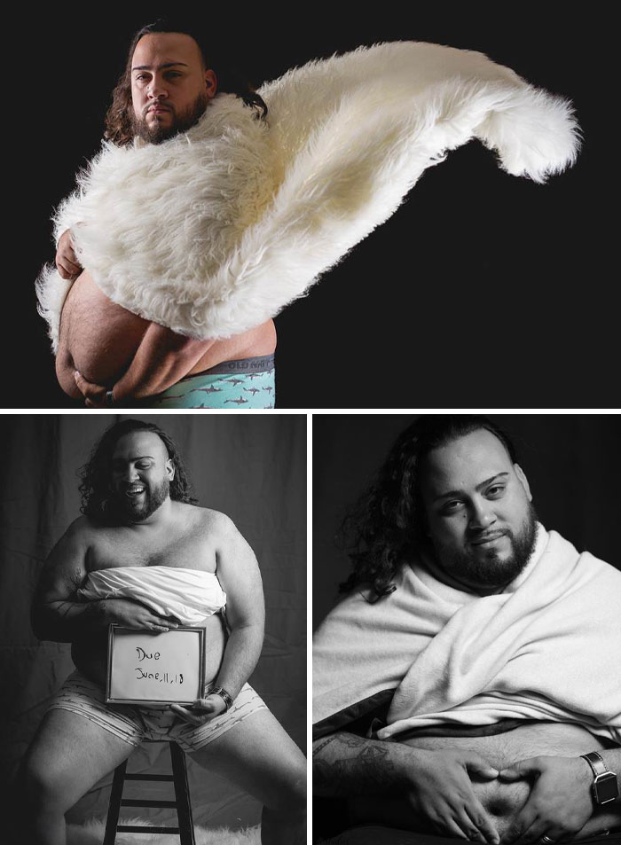Man humorously posing with fake pregnancy belly, wrapped in fur, embracing funny pregnancy situations.