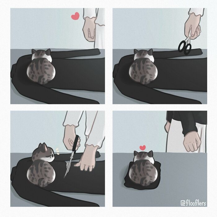 Comic illustration of a cat sitting on fabric, as a person cuts around it with scissors, creating a heart shape.