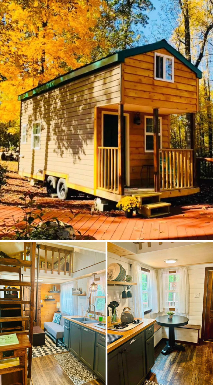 Tiny home nestled in autumn woods with cozy interior, featuring a kitchen, living area, and loft.