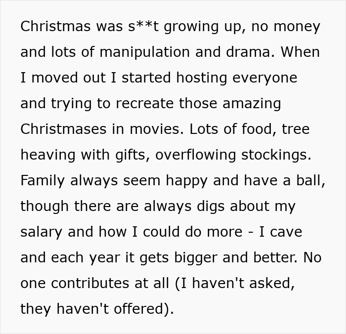 Text about a woman upset that her poor family doesn't buy her Christmas presents, feeling frustrated and unsupported.