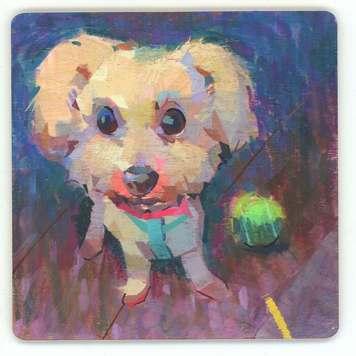 Cozy plein-air painting of a small dog with a tennis ball, featuring vivid, colorful brushstrokes.