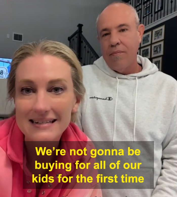 Parents deciding not to buy each kid a gift, discussing changes in a relaxed setting.