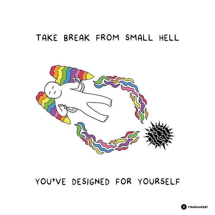 Illustration by Ramin Nazer showing a colorful figure escaping stress with a rainbow path and inspirational text.