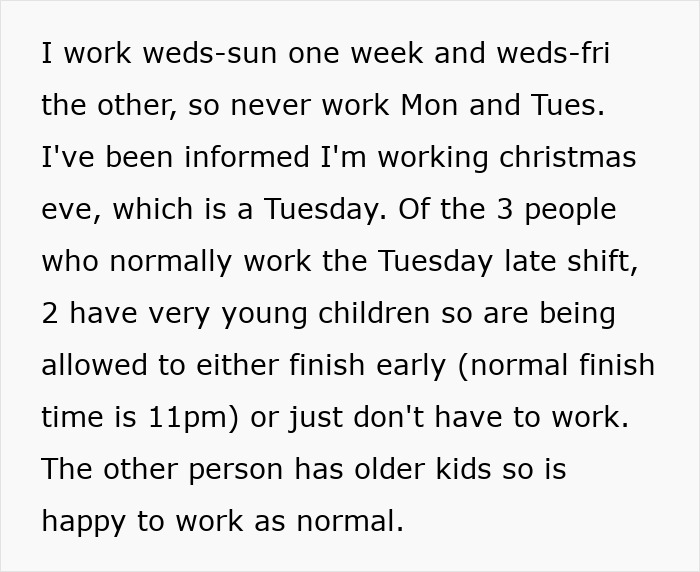 Text describing a woman's schedule, highlighting issues with holiday shift discrimination against her.