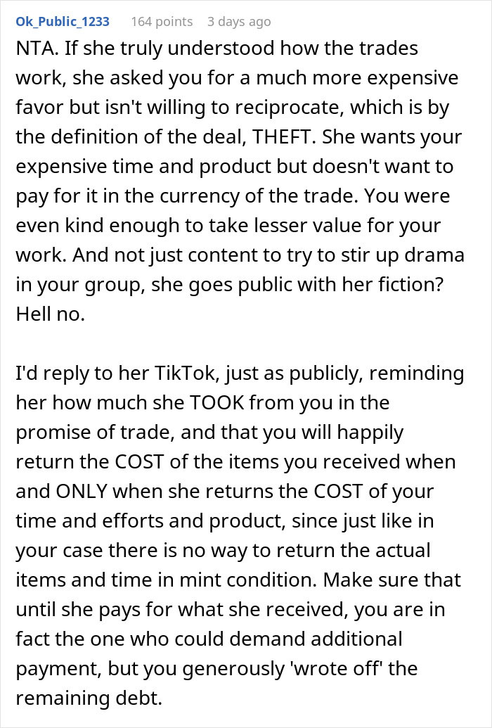 Text outlining a dispute over trading services and demands for money in a friend group. Text outlining a dispute over trading services and demands for money in a friend group.