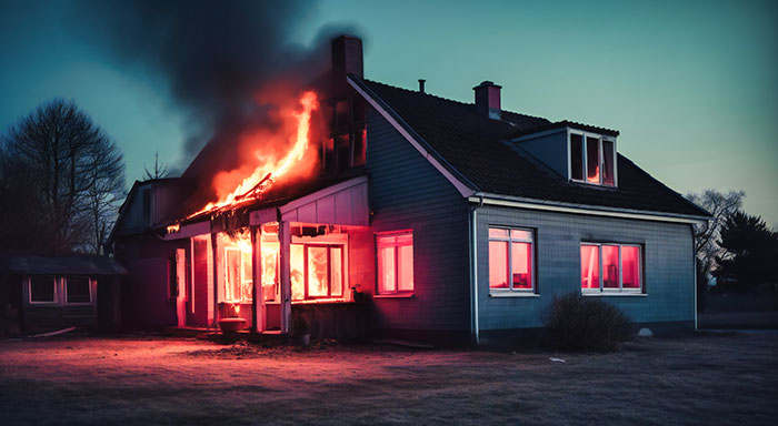 House engulfed in flames at night, illustrating a bad decision's consequences.