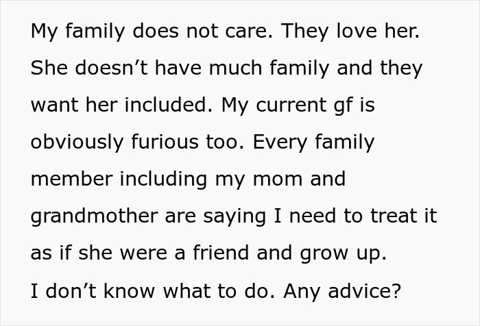 Text image with a person seeking advice online about family inviting their ex to holidays.