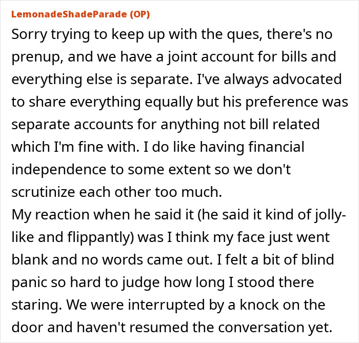 Text discussing joint and separate accounts in a relationship with focus on financial independence.