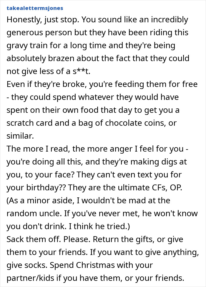 Text message discussing a woman's frustration with a poor family not buying her presents.