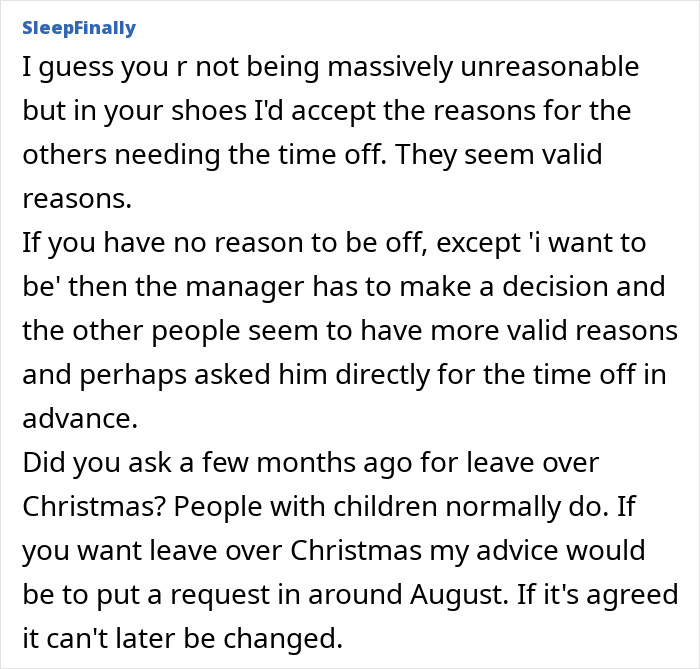 Text comment about workplace leave disputes during Christmas, highlighting issues of discrimination.