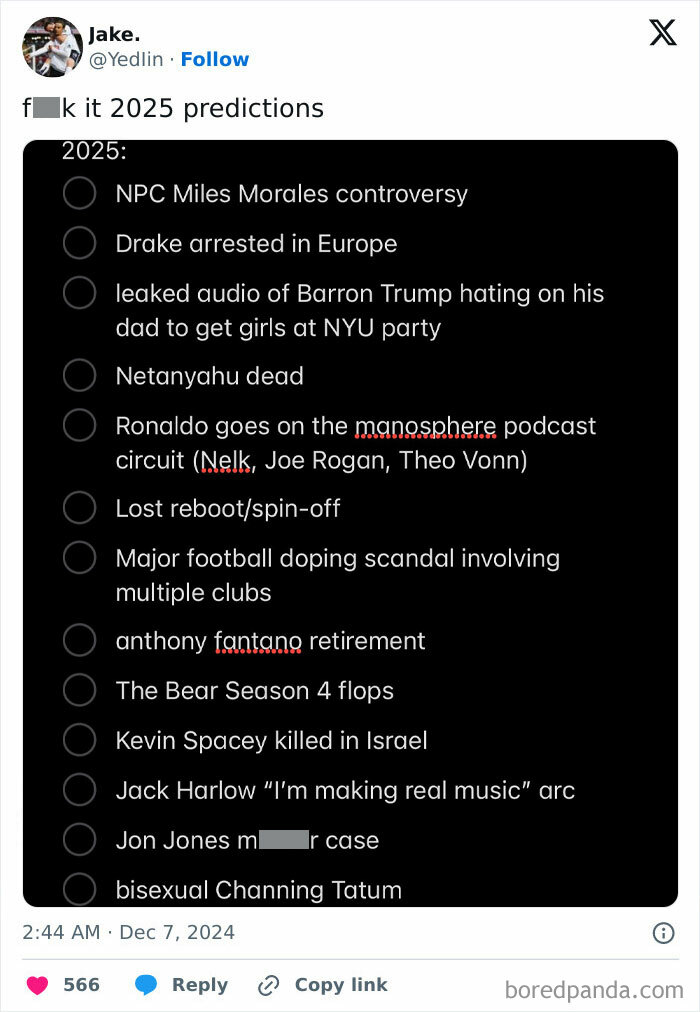 List of humorous 2025 predictions including celebrity events and controversies.