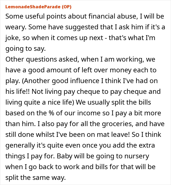 Text discussing financial aspects of maternity leave and splitting bills in a relationship.