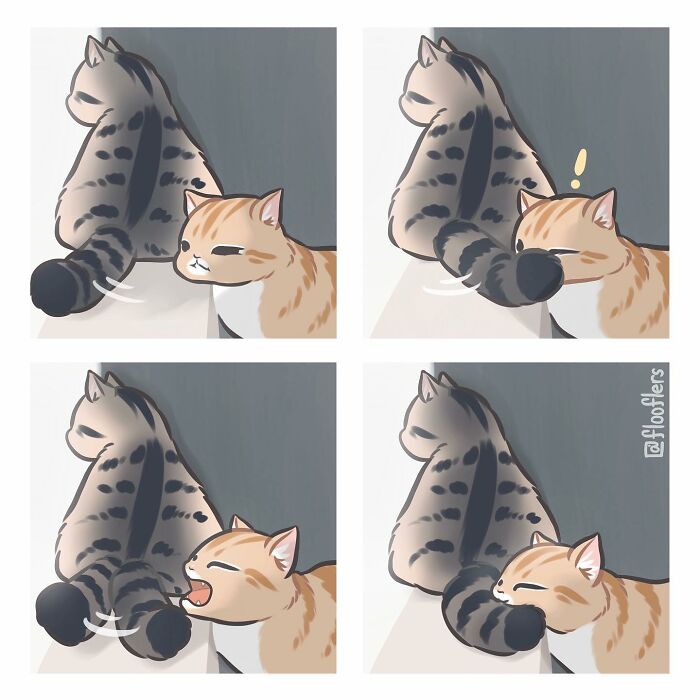4-panel comic illustrating cats playfully interacting, showcasing hilariously cute moments from cat videos.