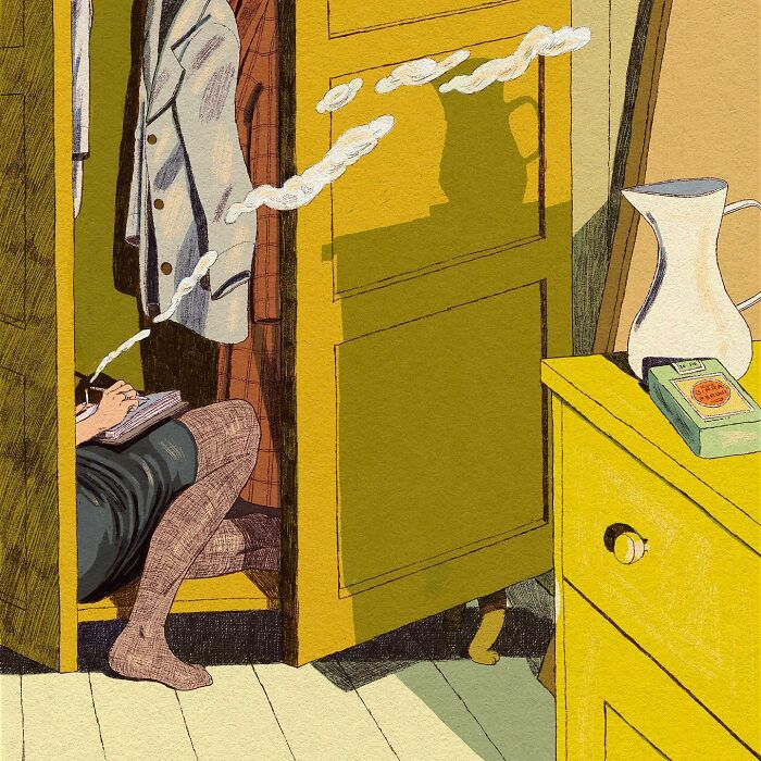 Whimsical and surreal illustration of a person hiding in a closet, writing in a notebook.