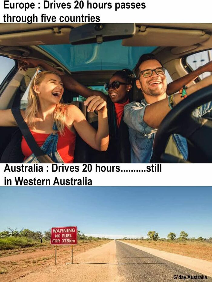 Three friends in a car laughing, contrasted with an Australian outback road sign. Dad's humor captured in travel comparison.