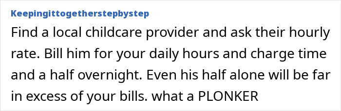 Comment suggesting billing husband for childcare hours in response to his maternity leave bill.
