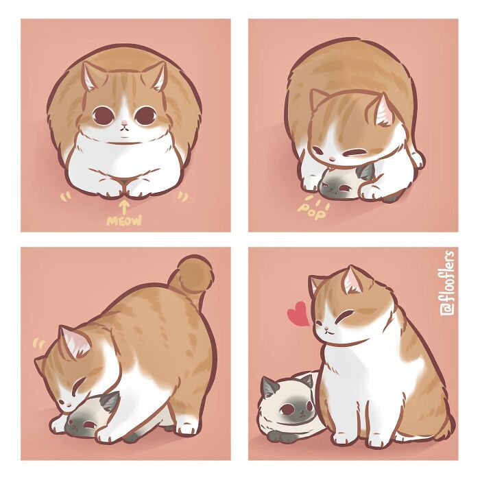 Artist's 4-panel comic of playful cats, illustrating cute and funny feline antics.
