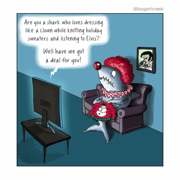Shark clown knitting and watching TV in a humorous one-panel comic by Derek Evernden, depicting quirky behavior.