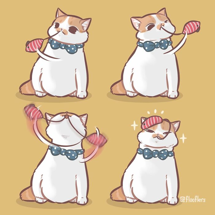 Cute cat illustrated in a 4-panel comic playing with a toy, showcasing hilarious expressions and actions.
