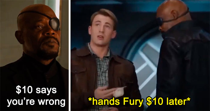 Scene from a superhero movie with a character handing another $10, illustrating a long-awaited joke realization.