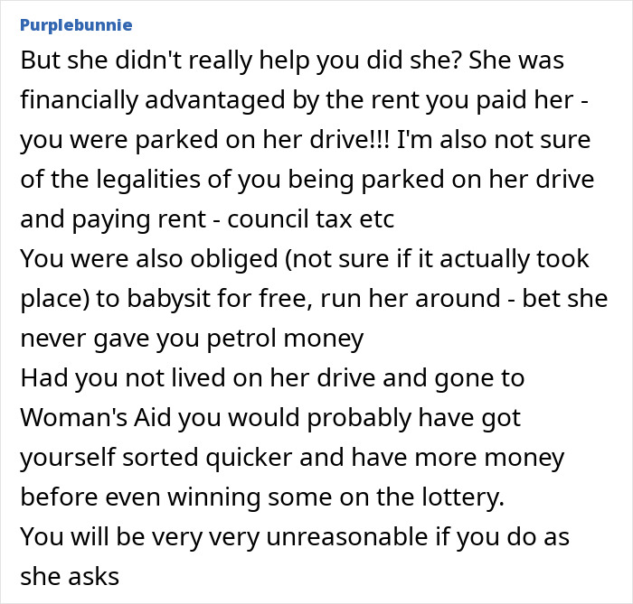 Text discussing financial advantages of refusing to share lottery winnings, with a focus on rent and obligations. Text discussing financial advantages of refusing to share lottery winnings, with a focus on rent and obligations.