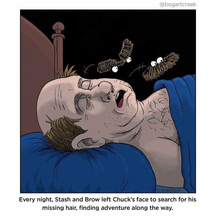 Sleeping man with eyebrows and mustache flying away, illustrating a humorous one-panel comic with darker undertones.