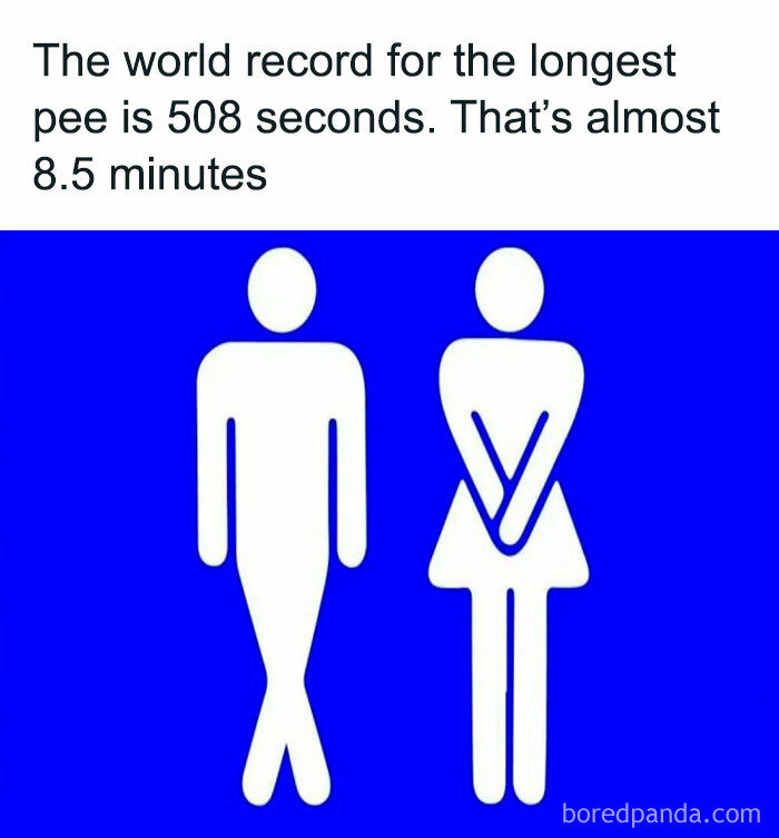Restroom symbols with text about an undiscovered fact: world record for longest pee is 508 seconds.